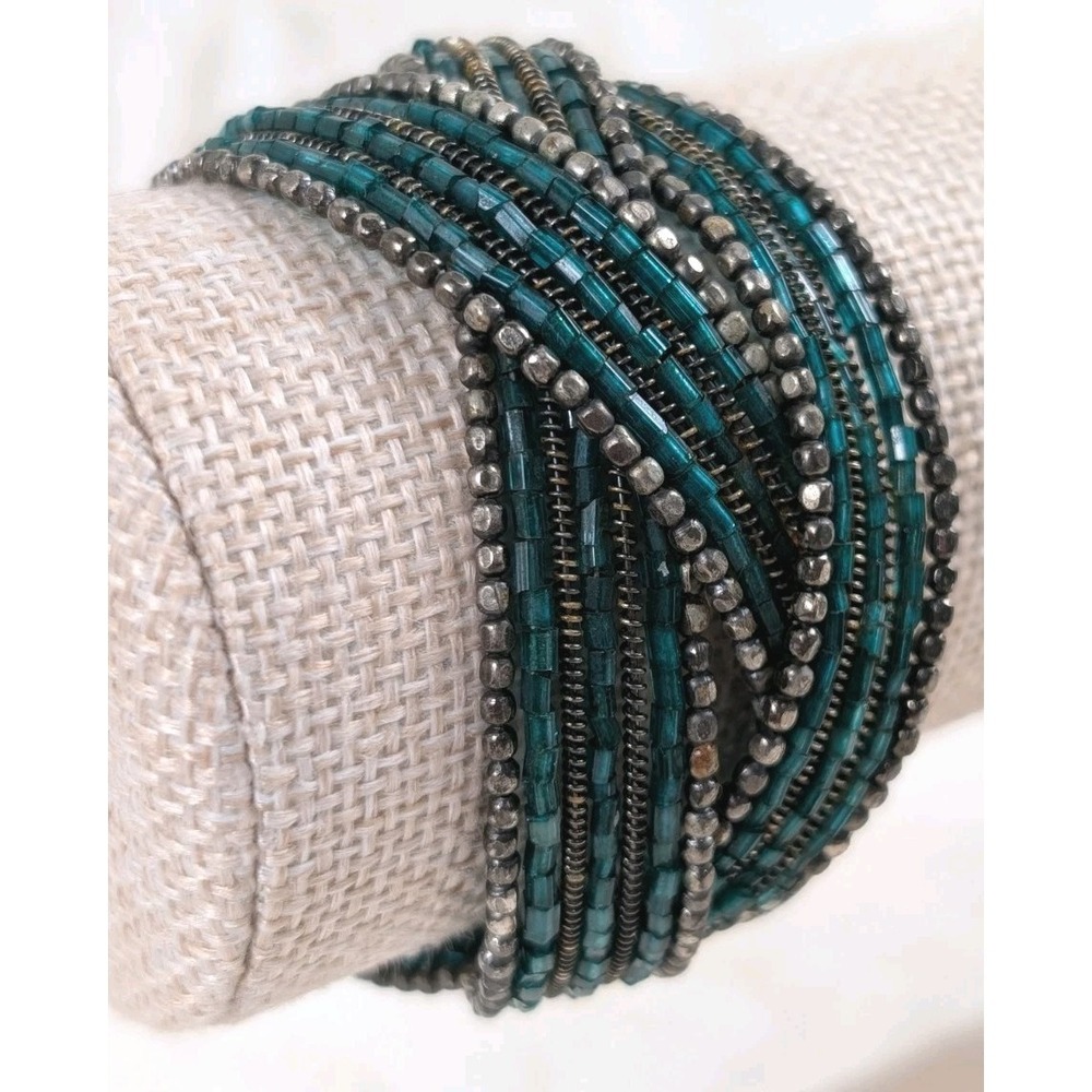 Boho Multi Strand Beaded Cuff‎ Bracelet Teal Glass Silver Tone Layered Statement